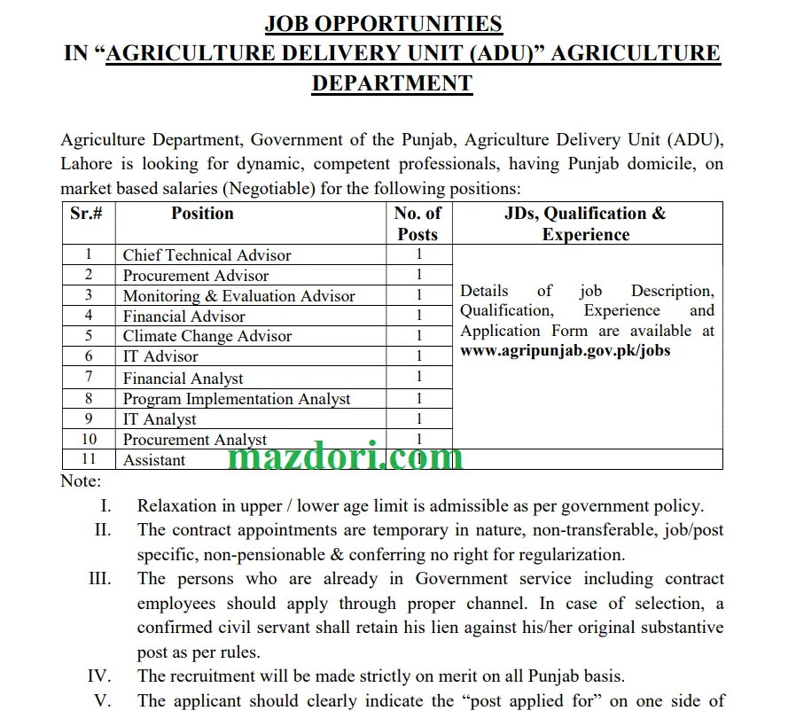 Punjab Agriculture Delivery Unit Jobs 2025