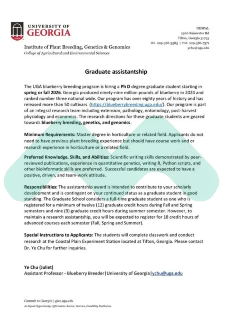 Graduate Assistantship in Blueberry Breeding Program 2025