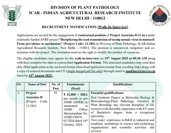 Project Associate-II Position 2025 at ICAR IARI