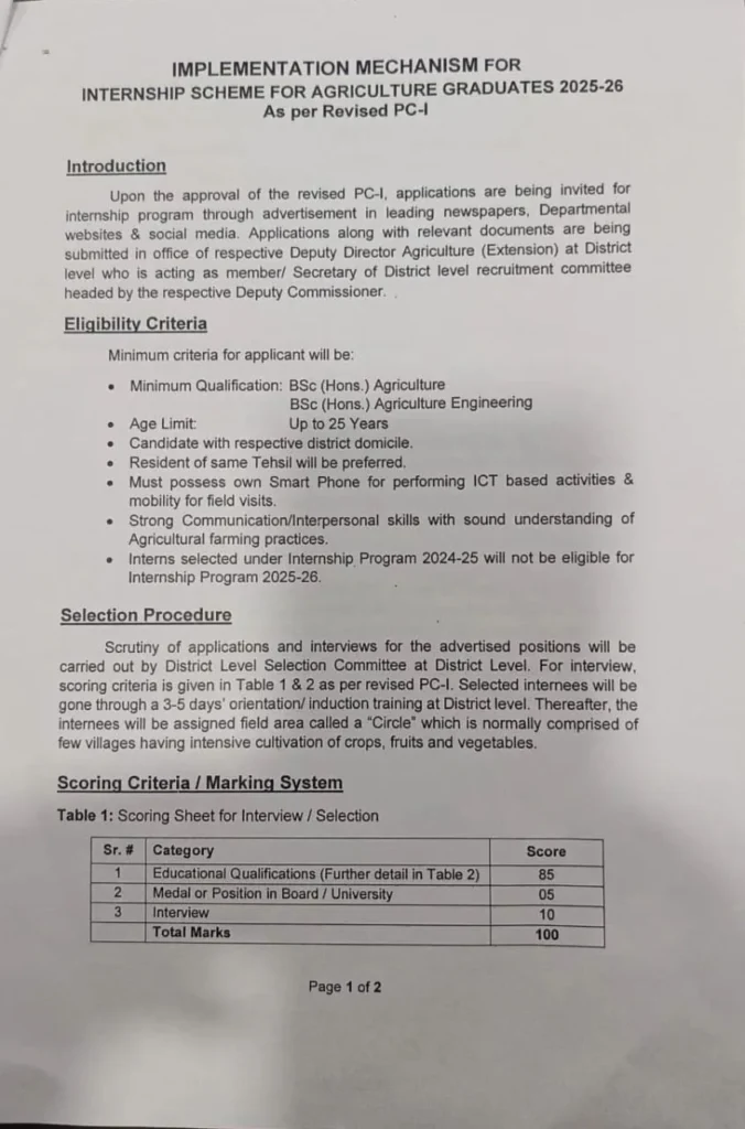 Internship Scheme for Agriculture Graduates 2025-26