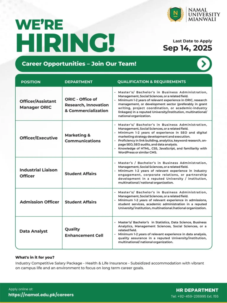 Namal University Careers Staff Positions 2025