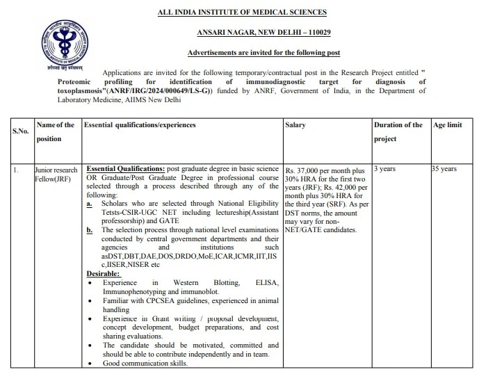Junior Research Fellow Post 2025 at AIIMS New Delhi