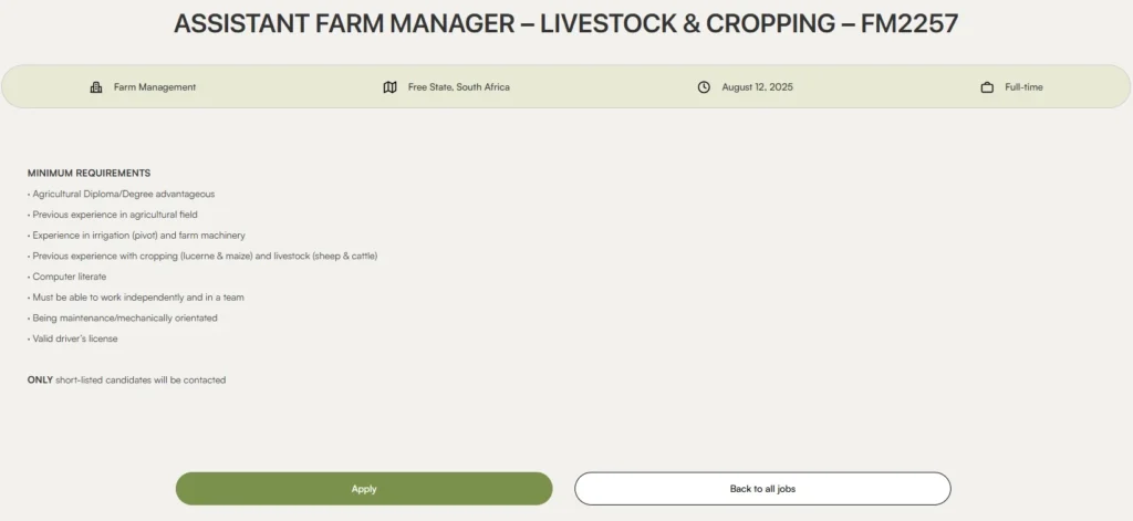 Assistant Farm Manager Job 2025 in Free State SA