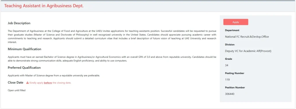 Teaching Assistant in Agribusiness Department at UAEU 2025