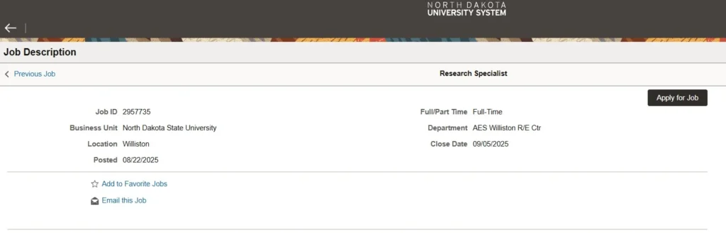 Research Specialist Position 2025 at NDSU