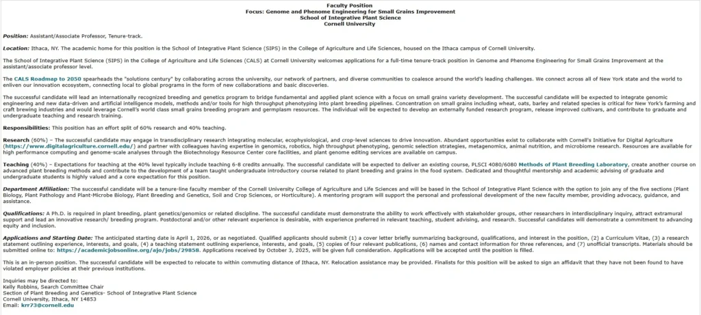 Small Grains Breeder Job 2025 at Cornell University