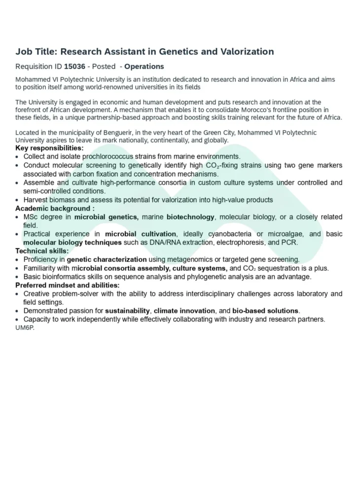 Research Assistant in Genetics and Valorization at UM6P 2025