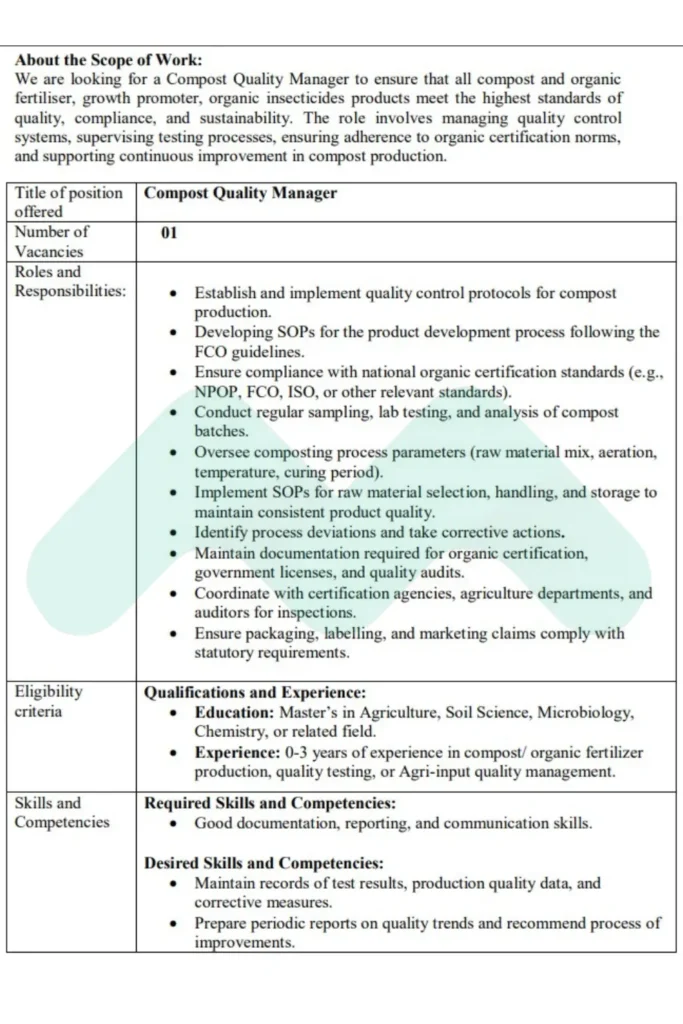 Compost Quality Manager Job 2025 at PRADAN