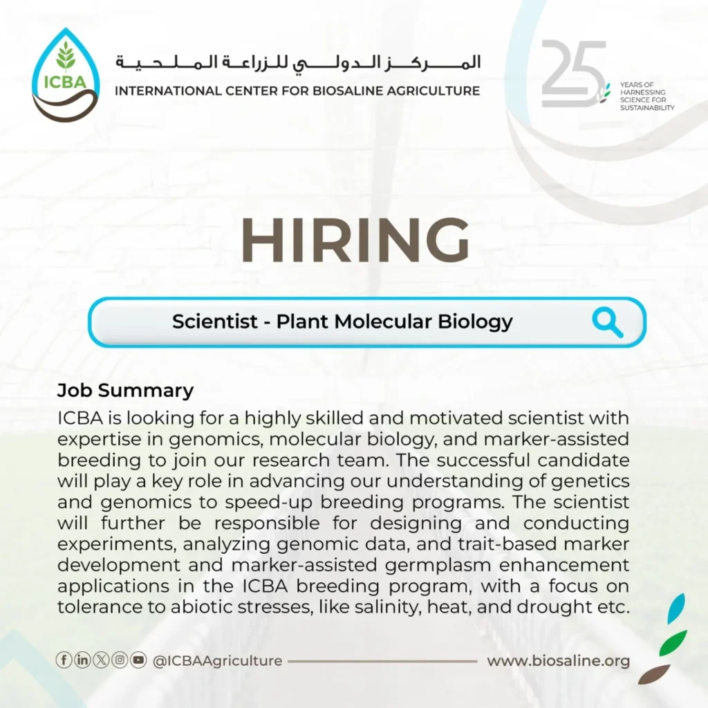 Scientist Plant Molecular Biology at ICBA Dubai 2025