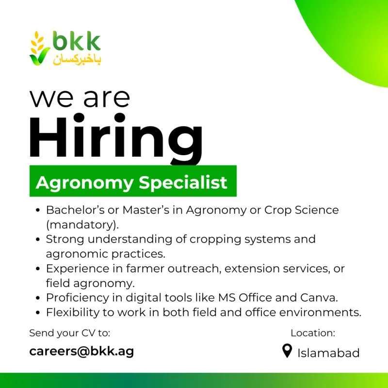 Agronomy Specialist Job 2025 at Bakhabar Kissan