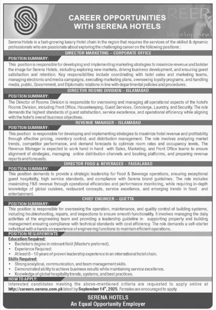 Latest Serena Hotel Islamabad Jobs 2025