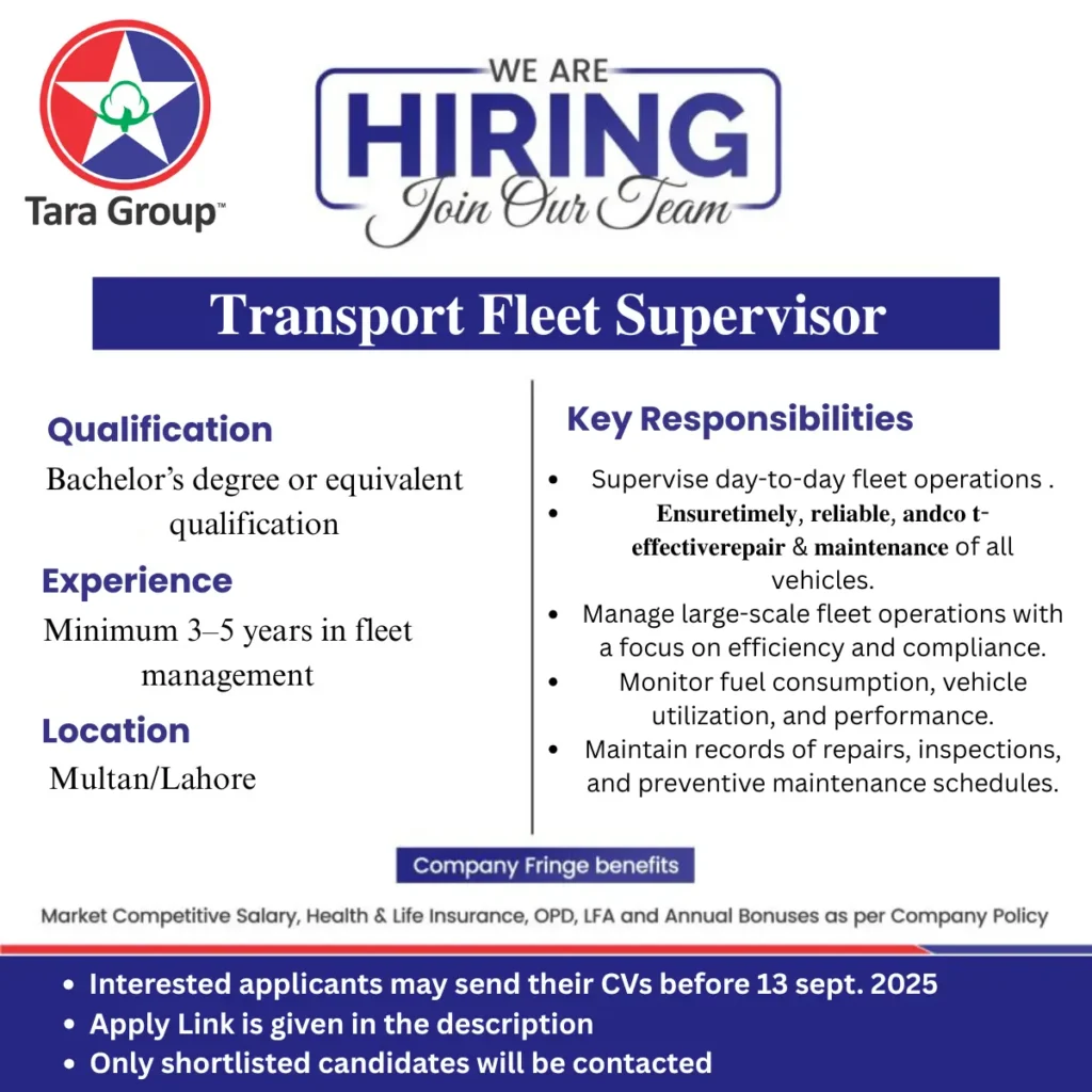 Transport Fleet Supervisor Job 2025 in Tara Group