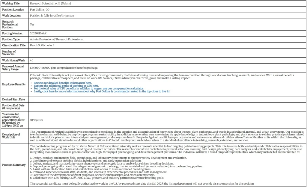Research Scientist Job in Potato Breeding 2025