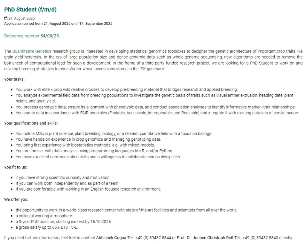 PhD Position in Plant Breeding at IPK Gatersleben Germany