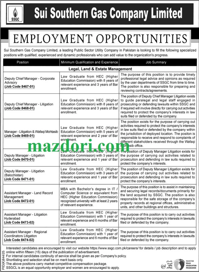 Latest Sui Southern Gas Company Jobs 2025