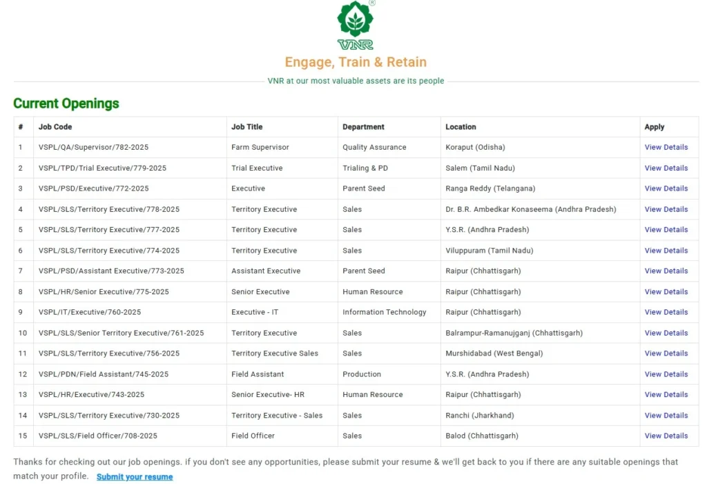 VNR Seed Company Jobs in India 2025