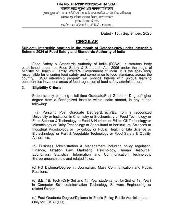 FSSAI Internship October 2025