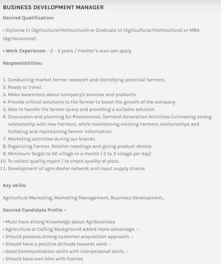 Business Development Manager at Tej Agrotech India Jobs 2025