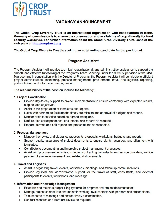Program Assistant at Crop Trust Germany Jobs 2025