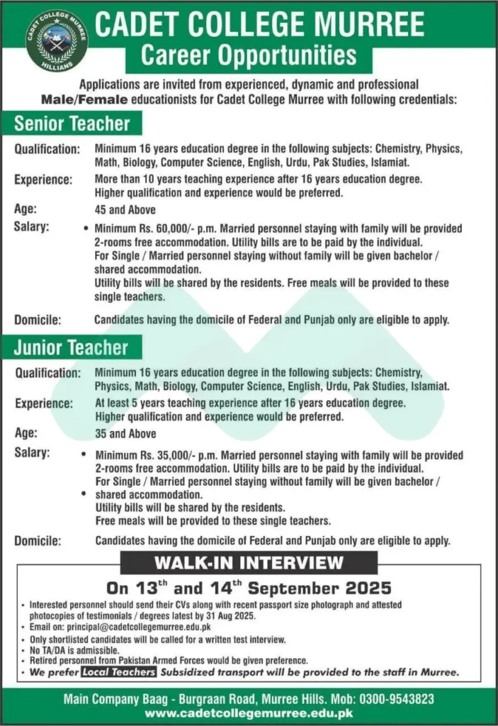 Cadet College Murree Teaching Jobs 2025