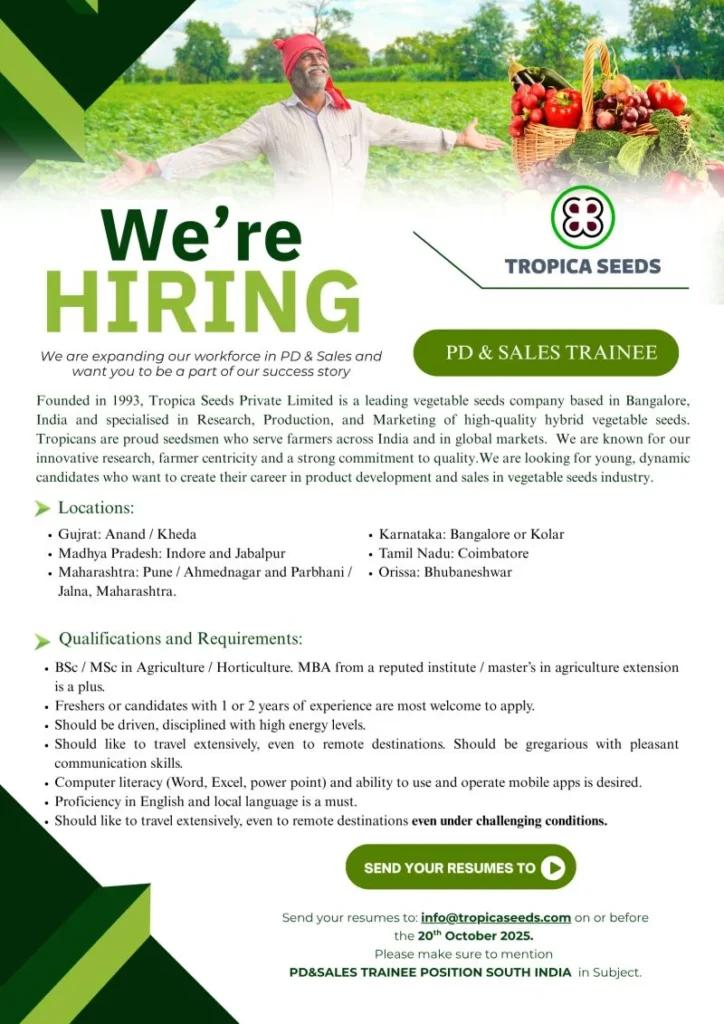 PD & Sales Trainee Jobs at Tropica Seeds India 2025