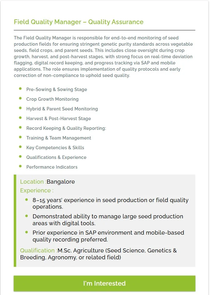 Field Quality Manager Jobs 2025 at ACSEN Agriscience