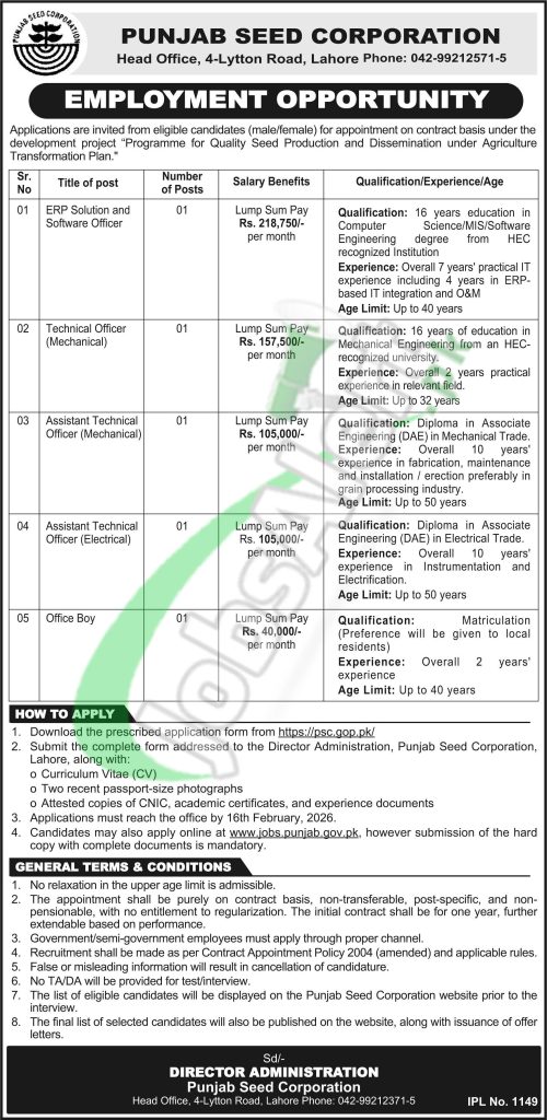 Punjab Seed Corporation Jobs 2026