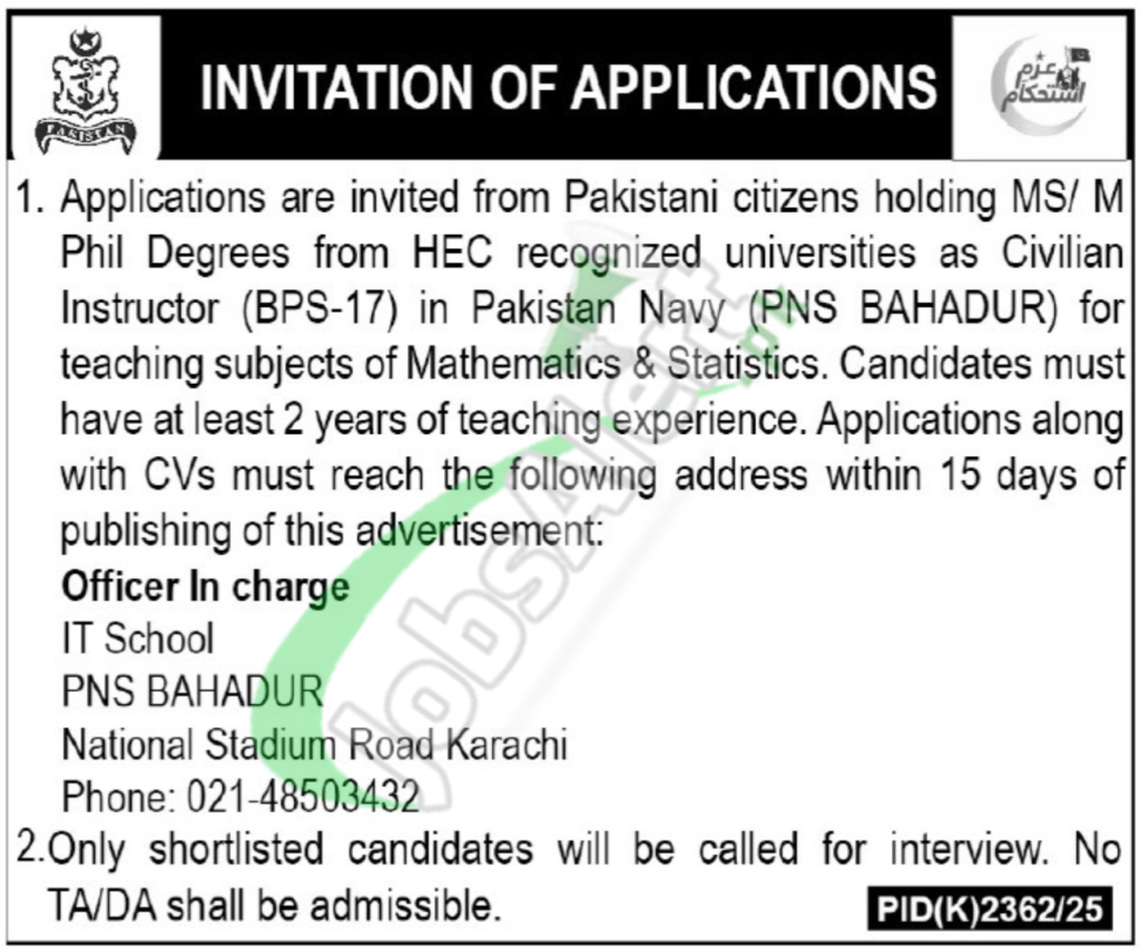 Pak Navy Civilian Instructor Jobs 2026